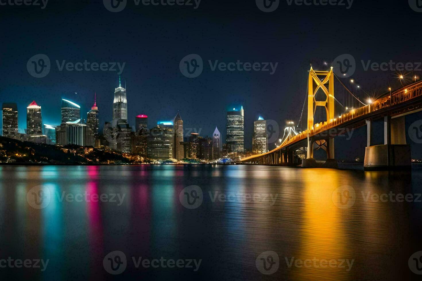 the city skyline at night with a bridge over water. AI-Generated photo