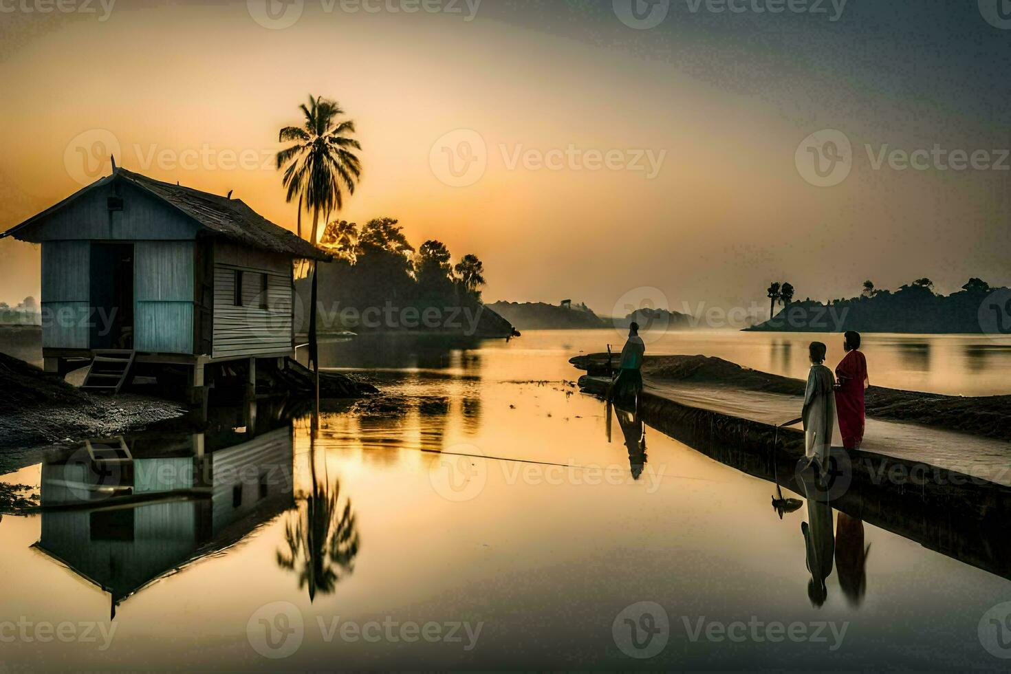 two people stand on a dock at sunset. AI-Generated photo