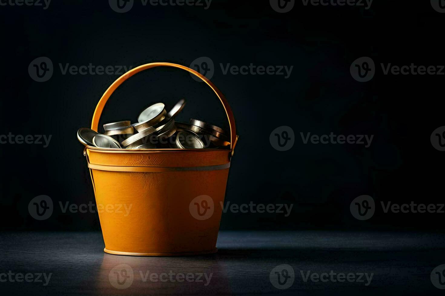 un naranja Cubeta lleno con monedas en un oscuro antecedentes. generado por ai foto