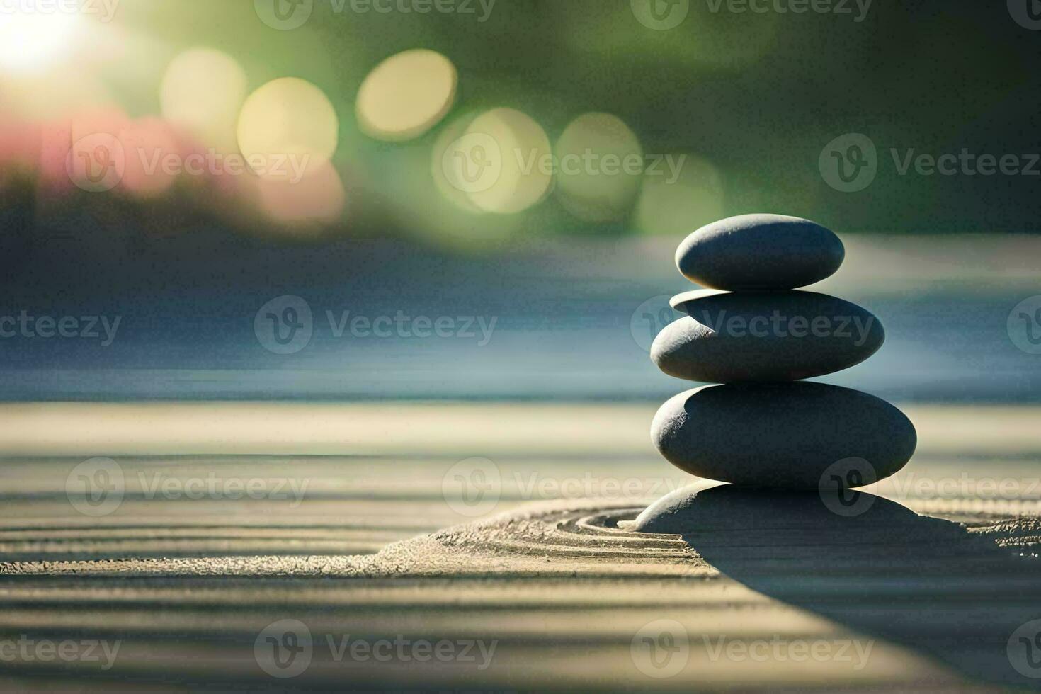 a stack of stones sitting on top of a wooden table. AI-Generated photo