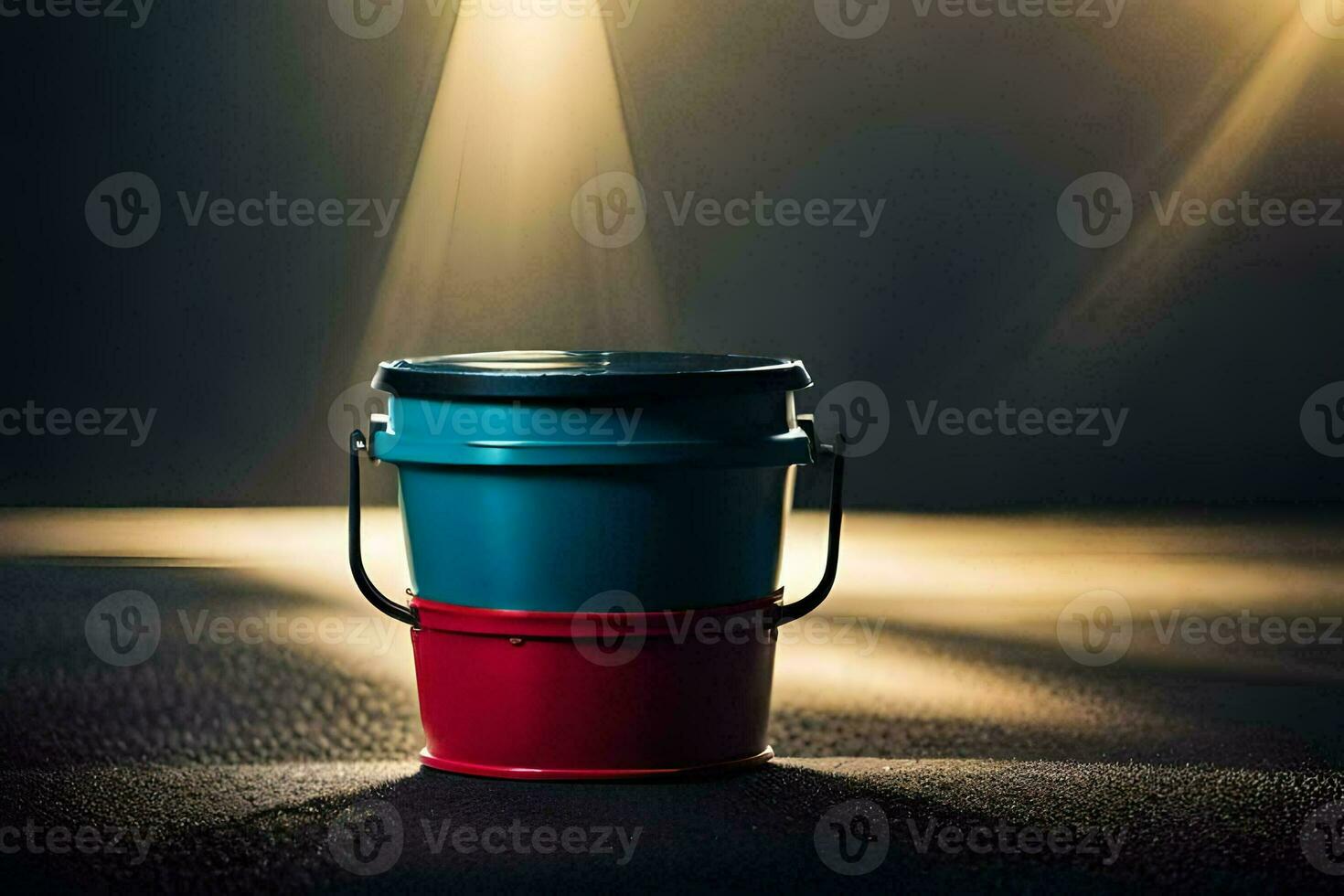 a red and blue bucket sitting on a dark floor. AI-Generated photo