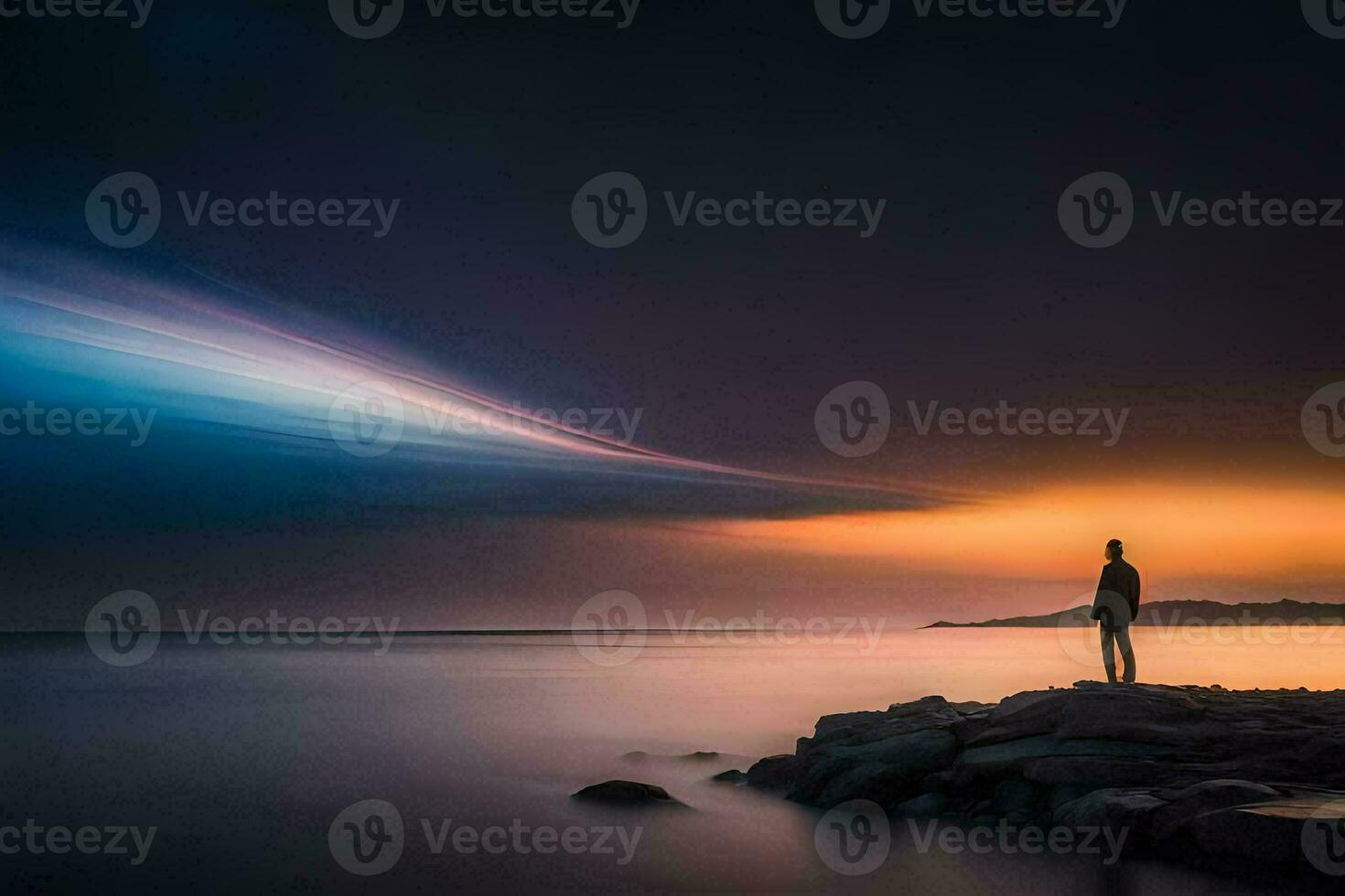 a man stands on a rock in front of a sunset. AI-Generated photo