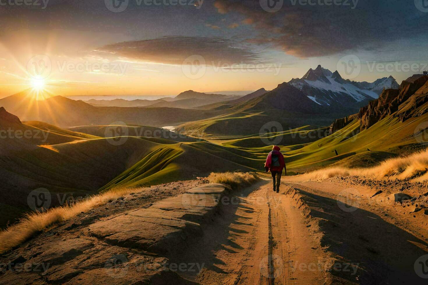 the sun rises over the mountains in the background. AI-Generated photo