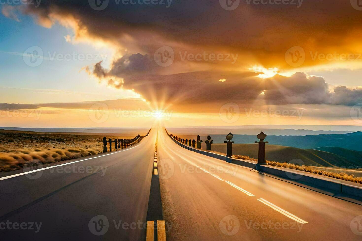 a long road with the sun setting behind it. AI-Generated photo