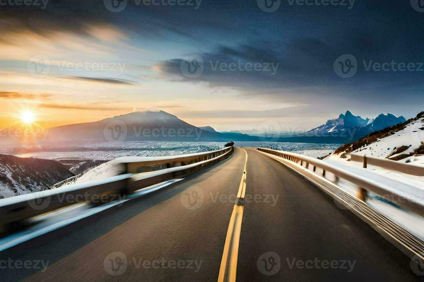 a road in the mountains with snow and sun. AI-Generated photo