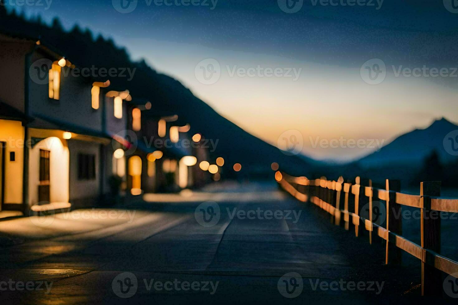a street at dusk with lights on the houses. AI-Generated photo