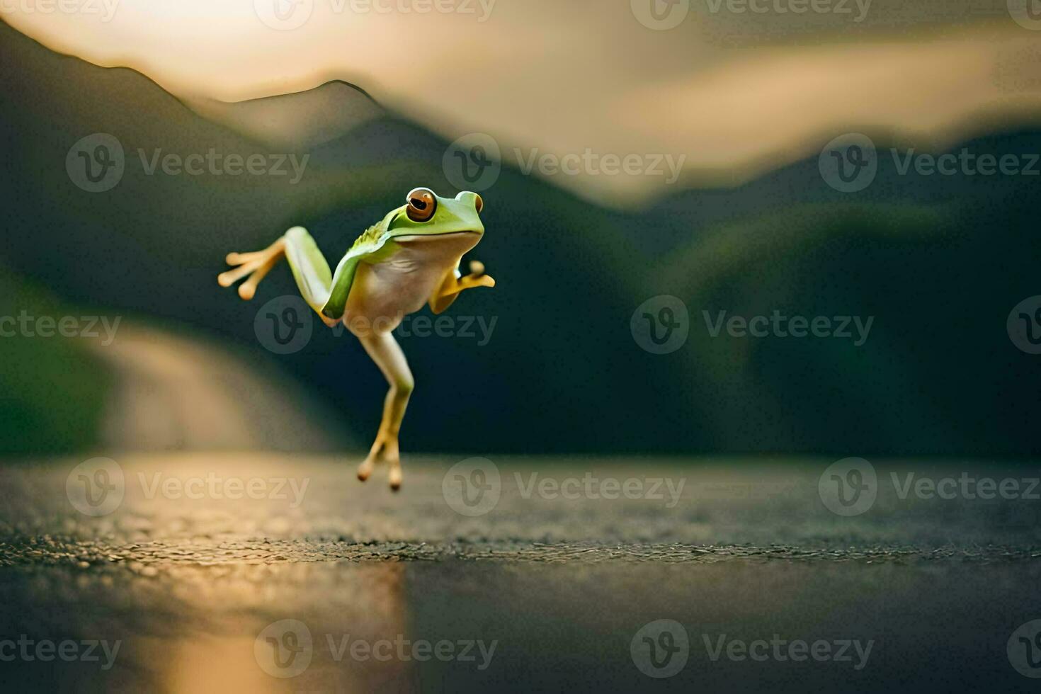 un rana saltando en el la carretera con un montaña en el antecedentes. generado por ai foto