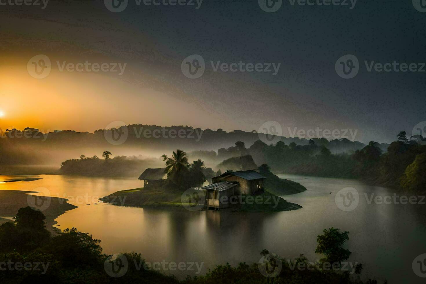 the sun rises over a small island in the middle of a river. AI-Generated photo