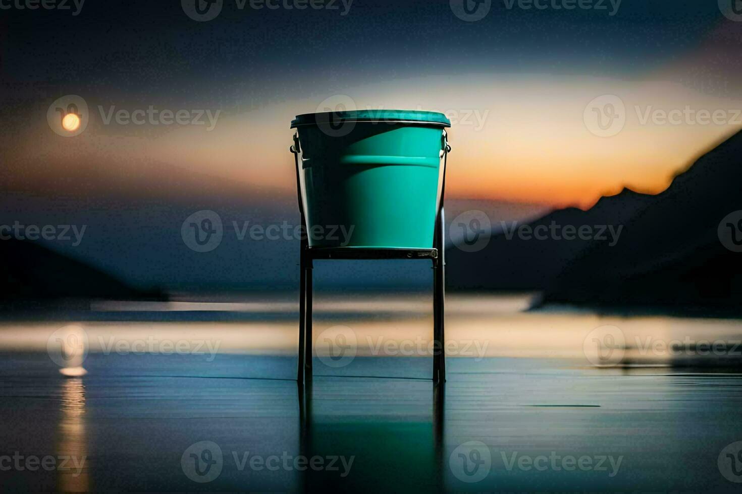 a bucket sitting on the edge of the water at sunset. AI-Generated photo