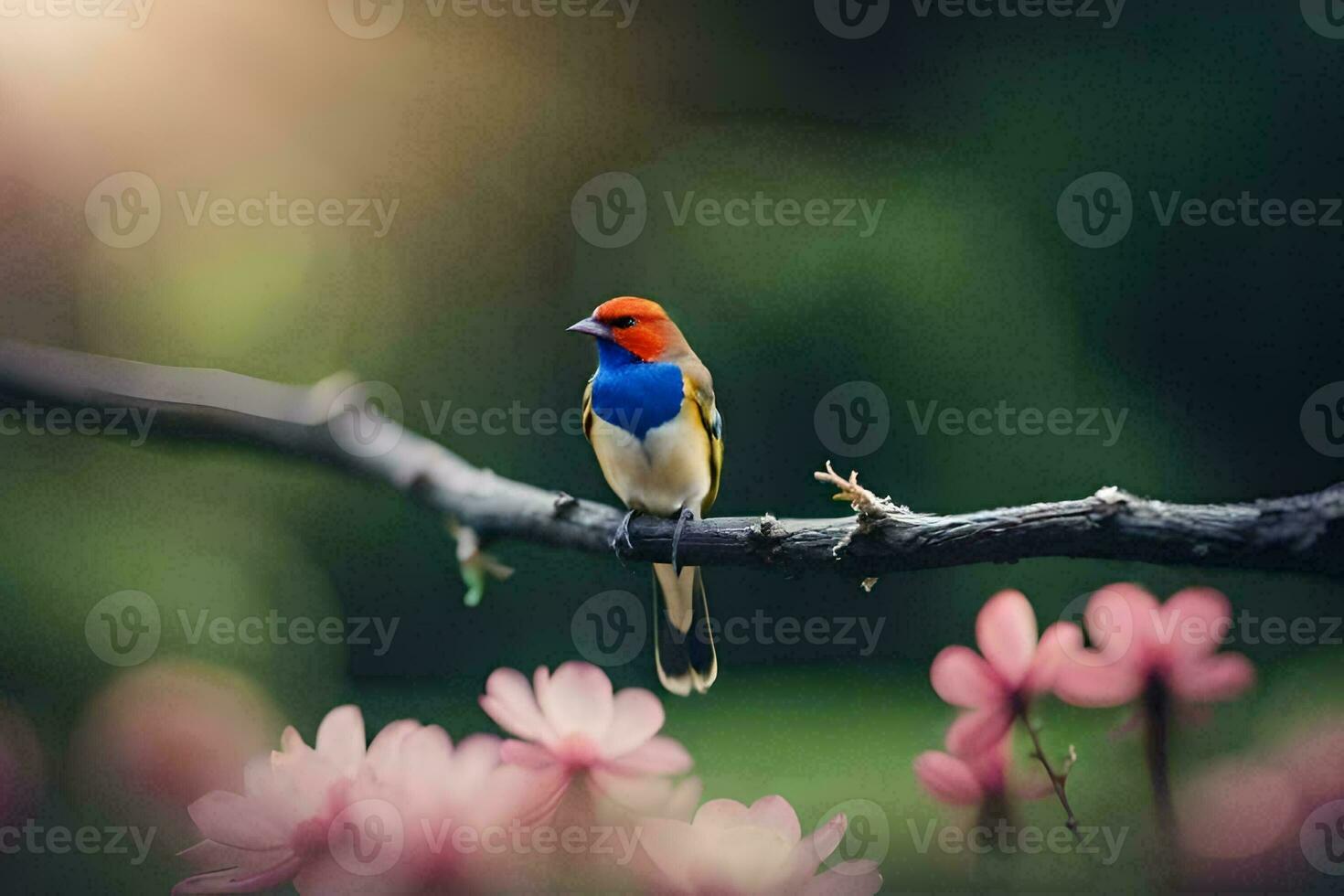 photo wallpaper the sun, bird, flowers, spring, the tree, bird, spring, the. AI-Generated