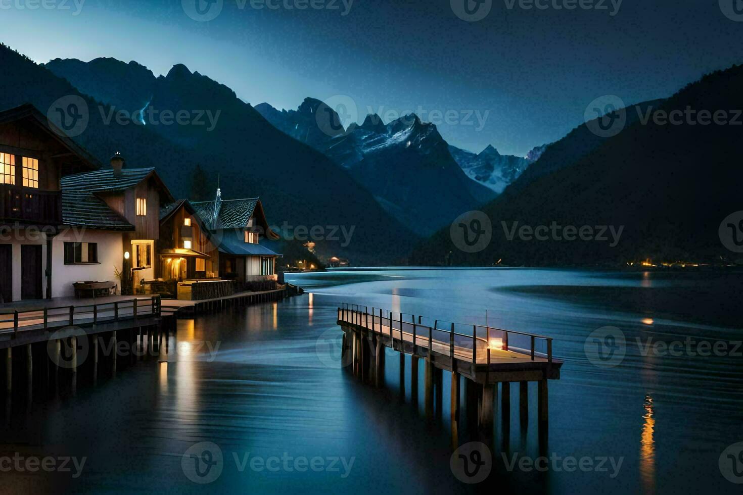 a lake and houses in the mountains at night. AI-Generated photo