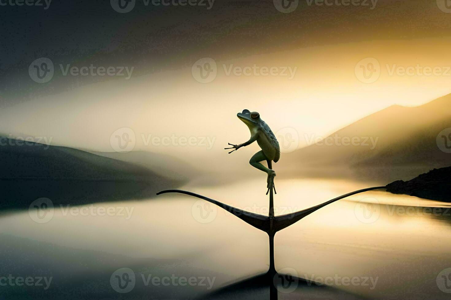 un rana es sentado en parte superior de un rock en el agua. generado por ai foto