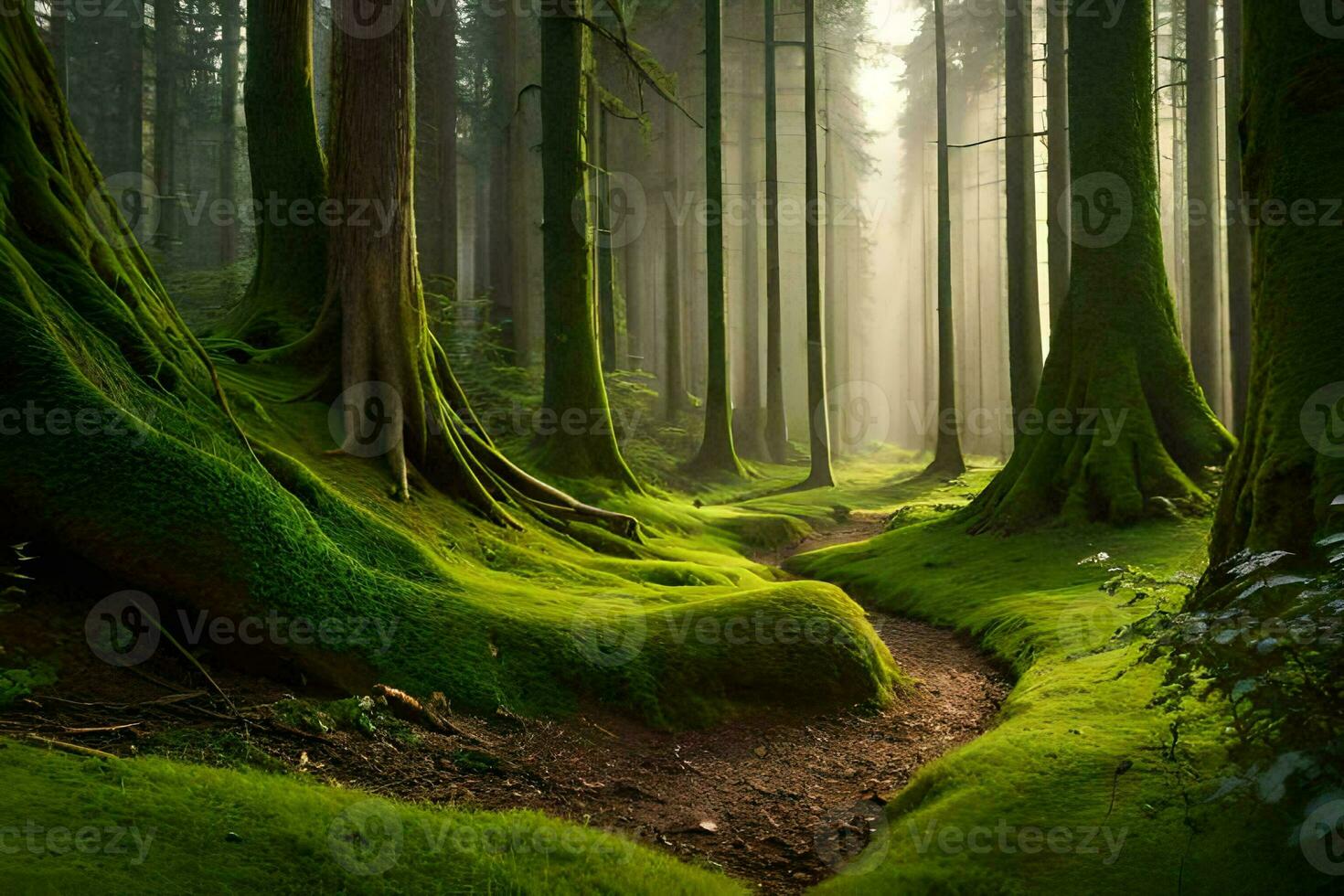 a path through a forest with mossy trees. AI-Generated photo
