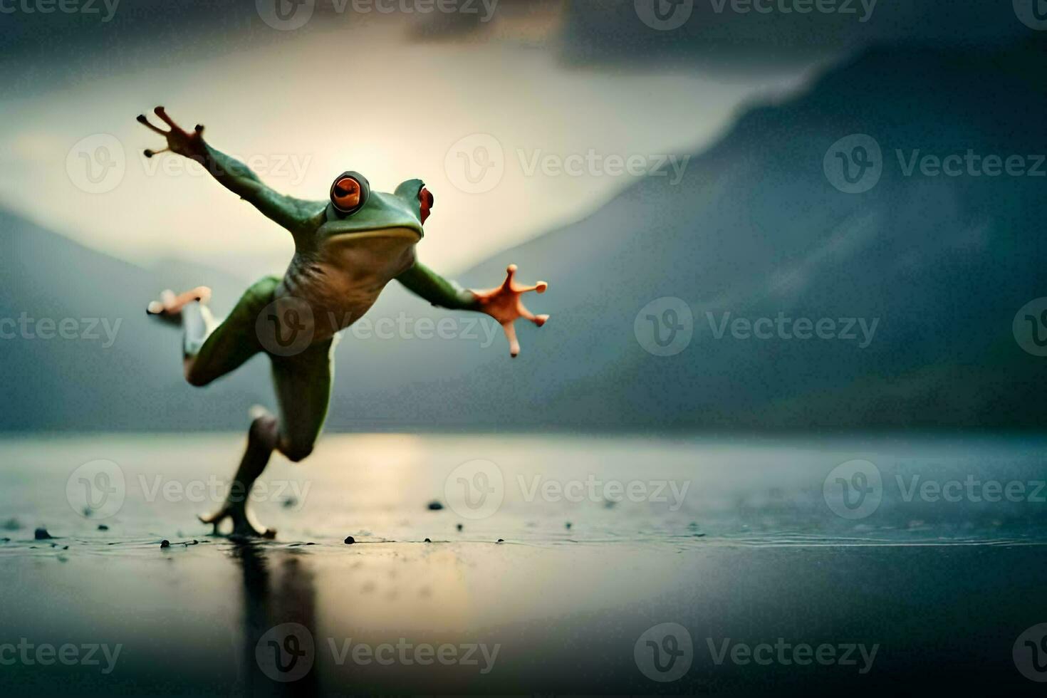 a frog jumping in the air with its legs spread. AI-Generated photo