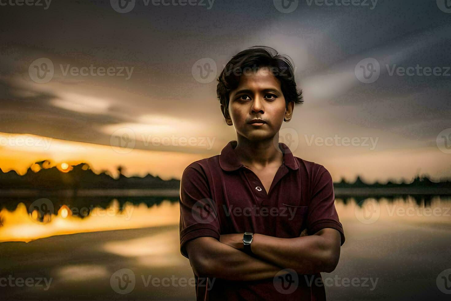 a boy standing in front of a lake at sunset. AI-Generated photo
