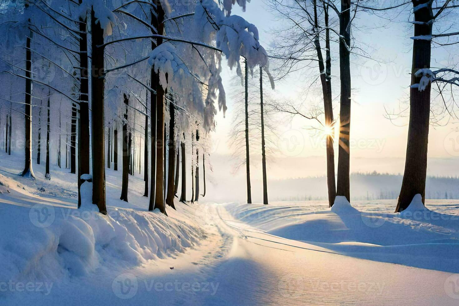 snow covered trees and the sun shining through the trees. AI-Generated photo