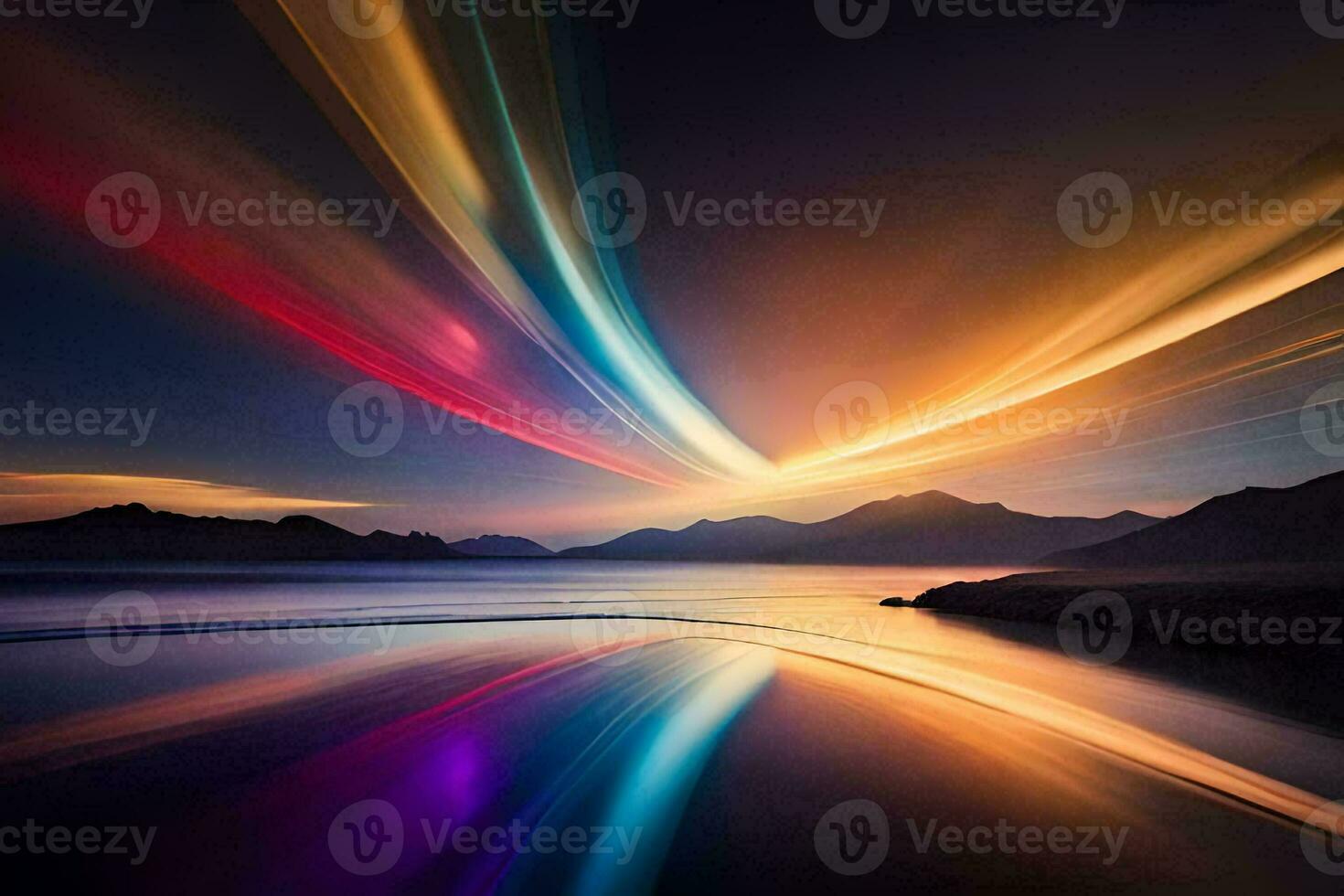 a colorful light trail over a lake and mountains. AI-Generated photo