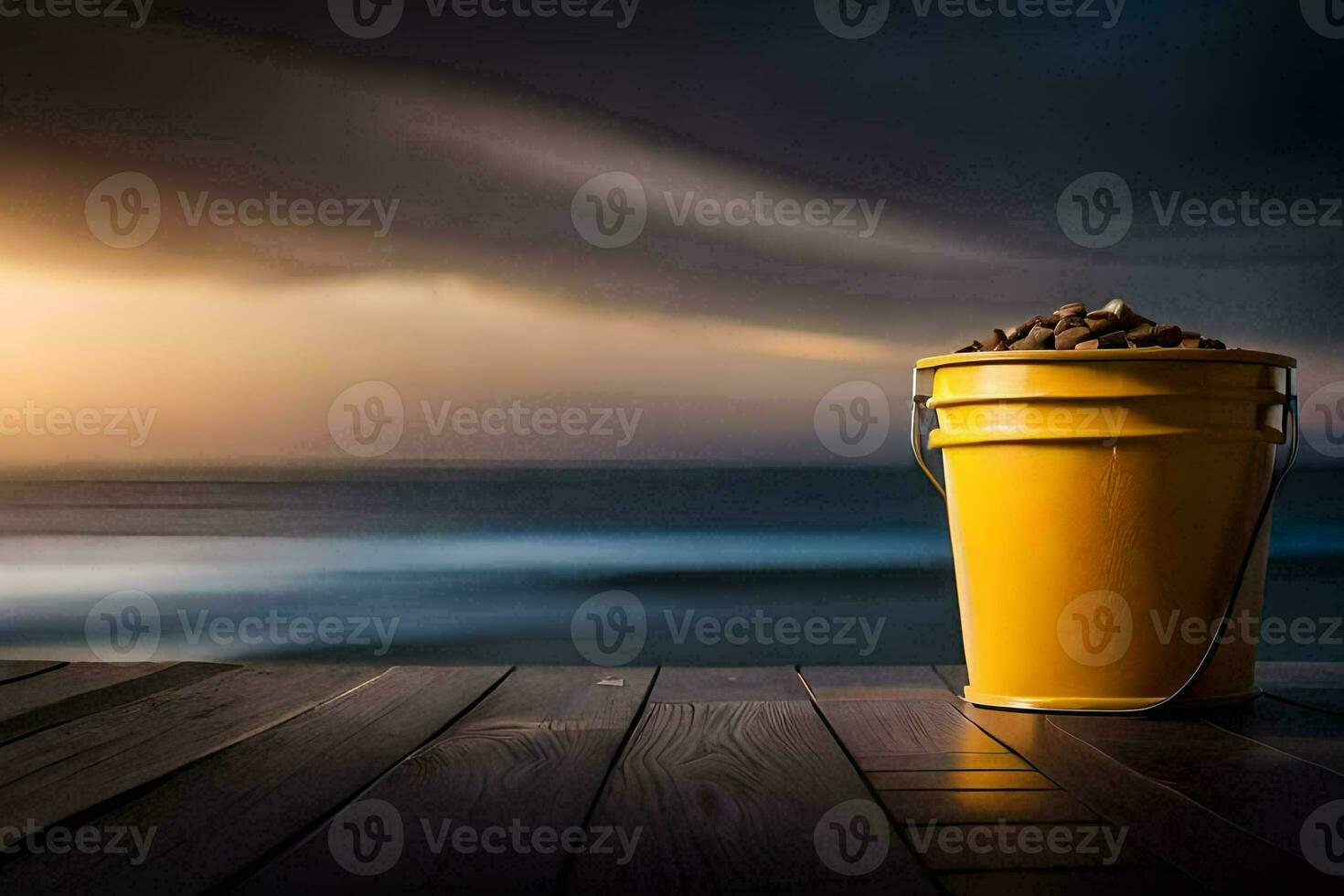 a bucket of sand on a wooden deck overlooking the ocean. AI-Generated photo