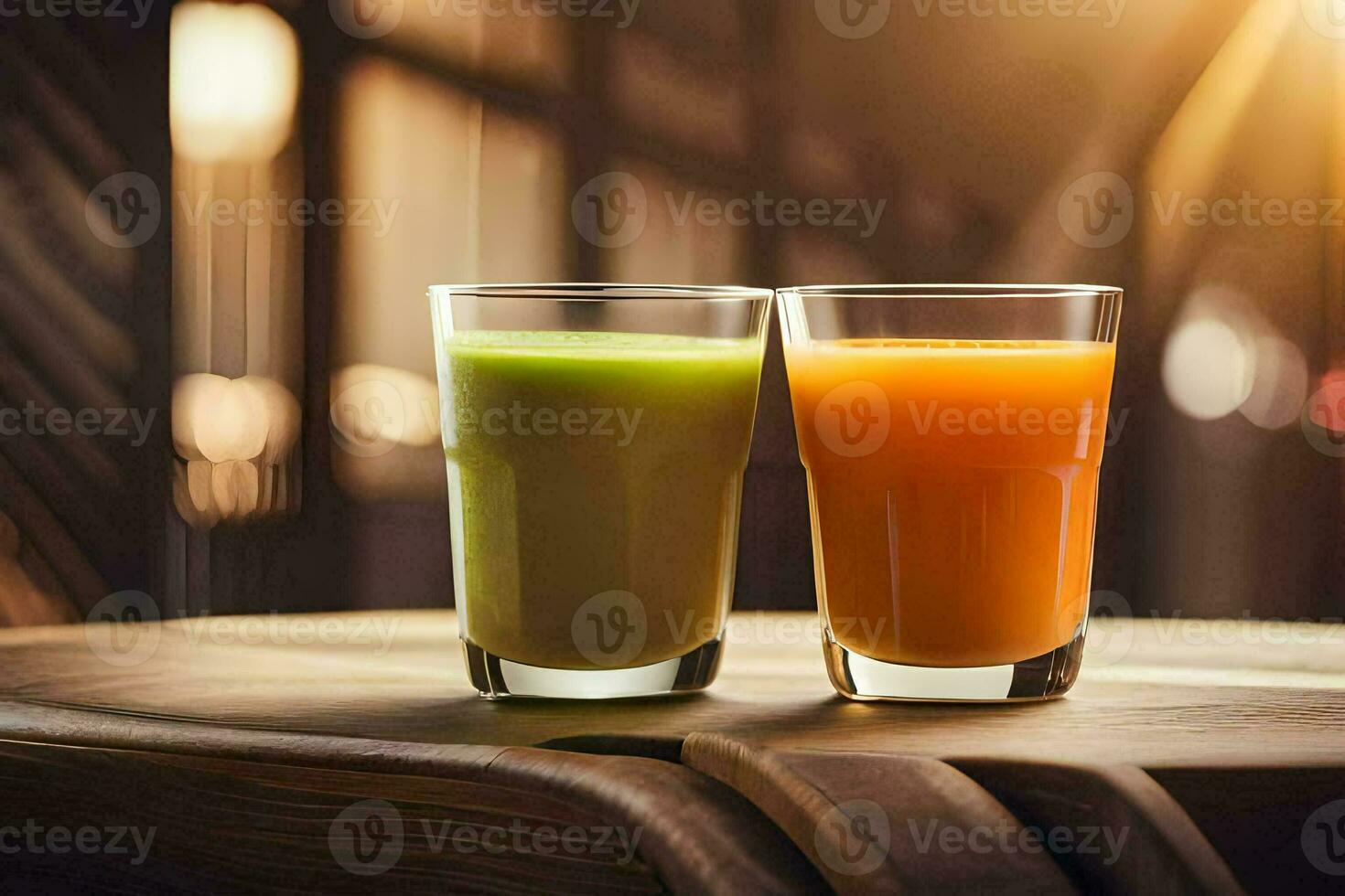 dos lentes de jugo en un de madera mesa. generado por ai foto