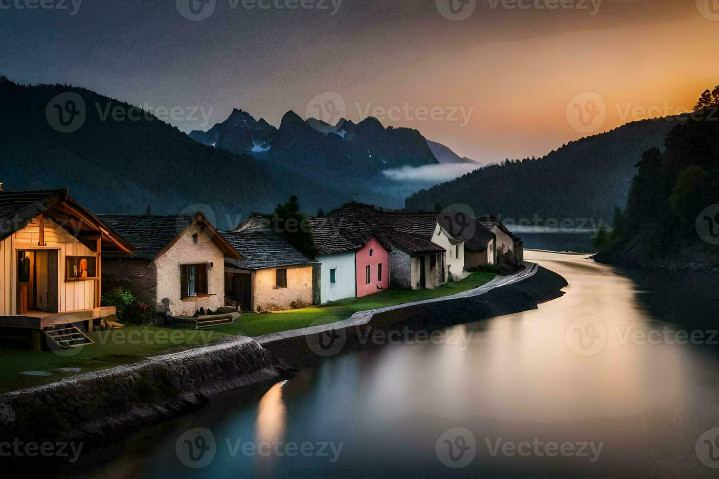 photo wallpaper the sky, mountains, water, houses, the lake, the mountains, the lake. AI-Generated