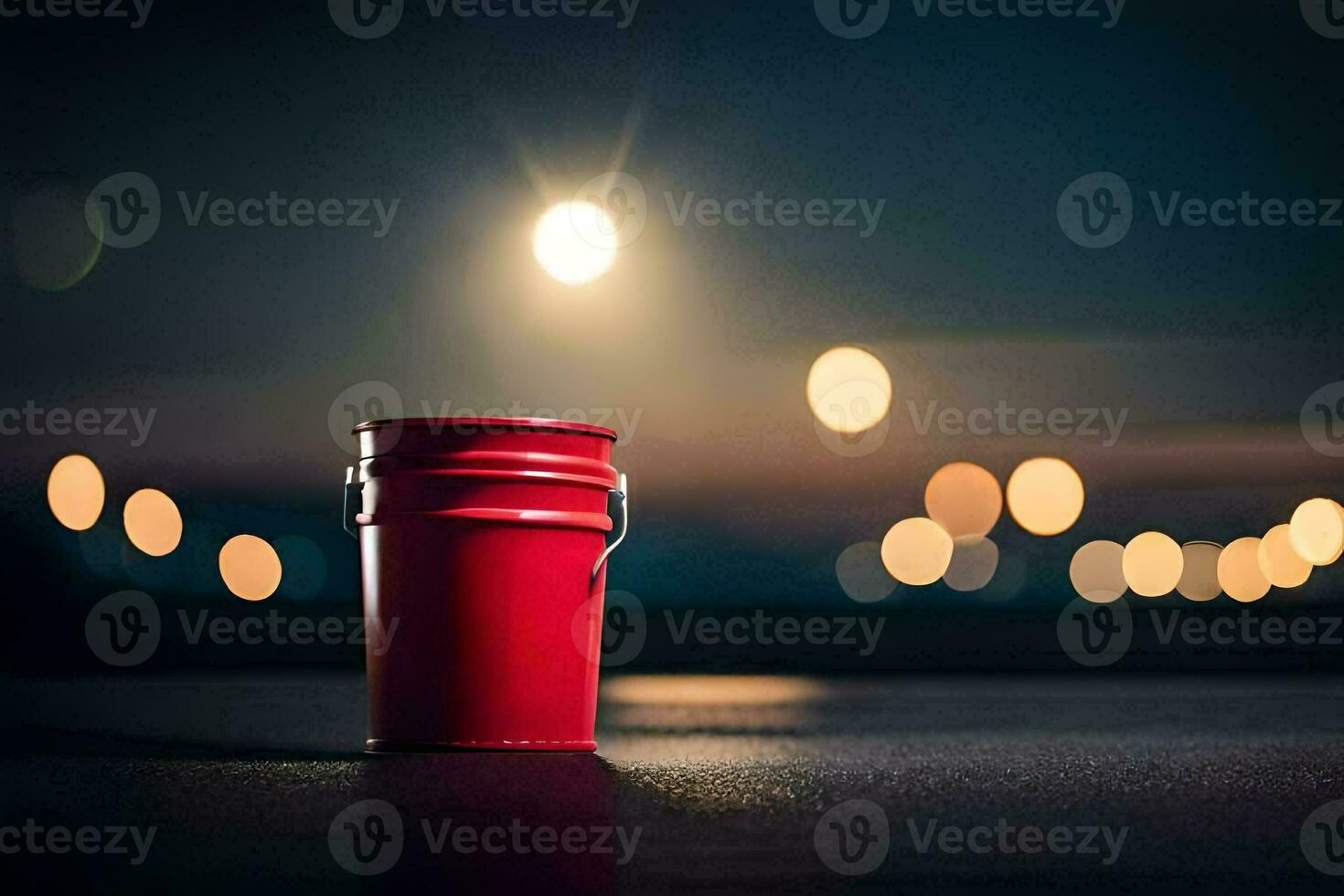 a red bucket sitting on the ground at night. AI-Generated photo