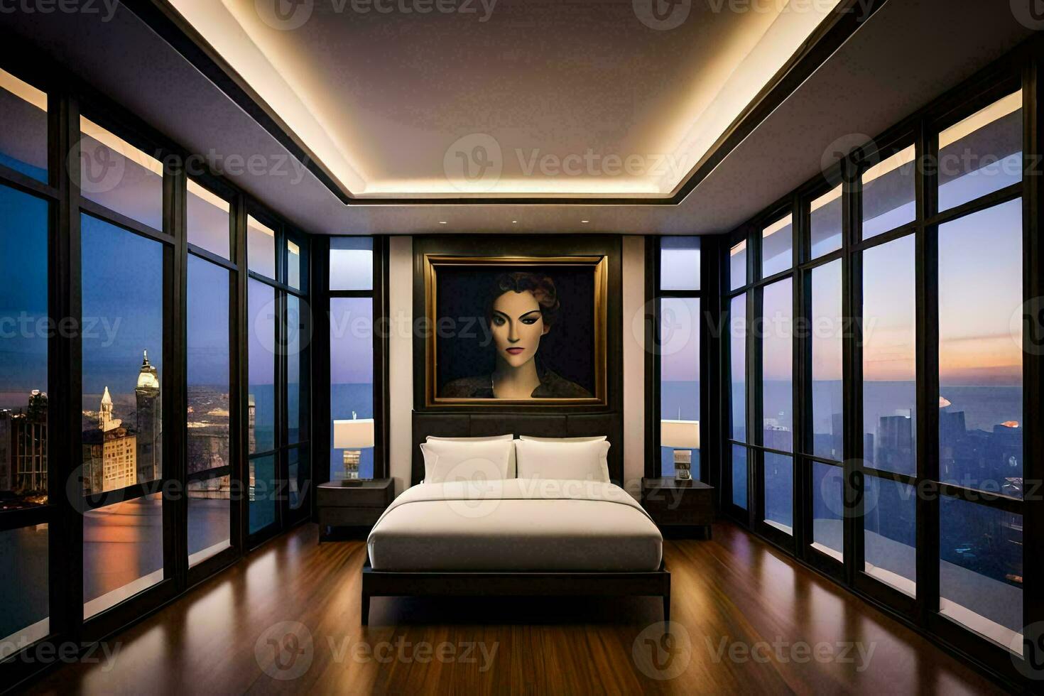a bedroom with a large bed and a painting on the wall. AI-Generated photo