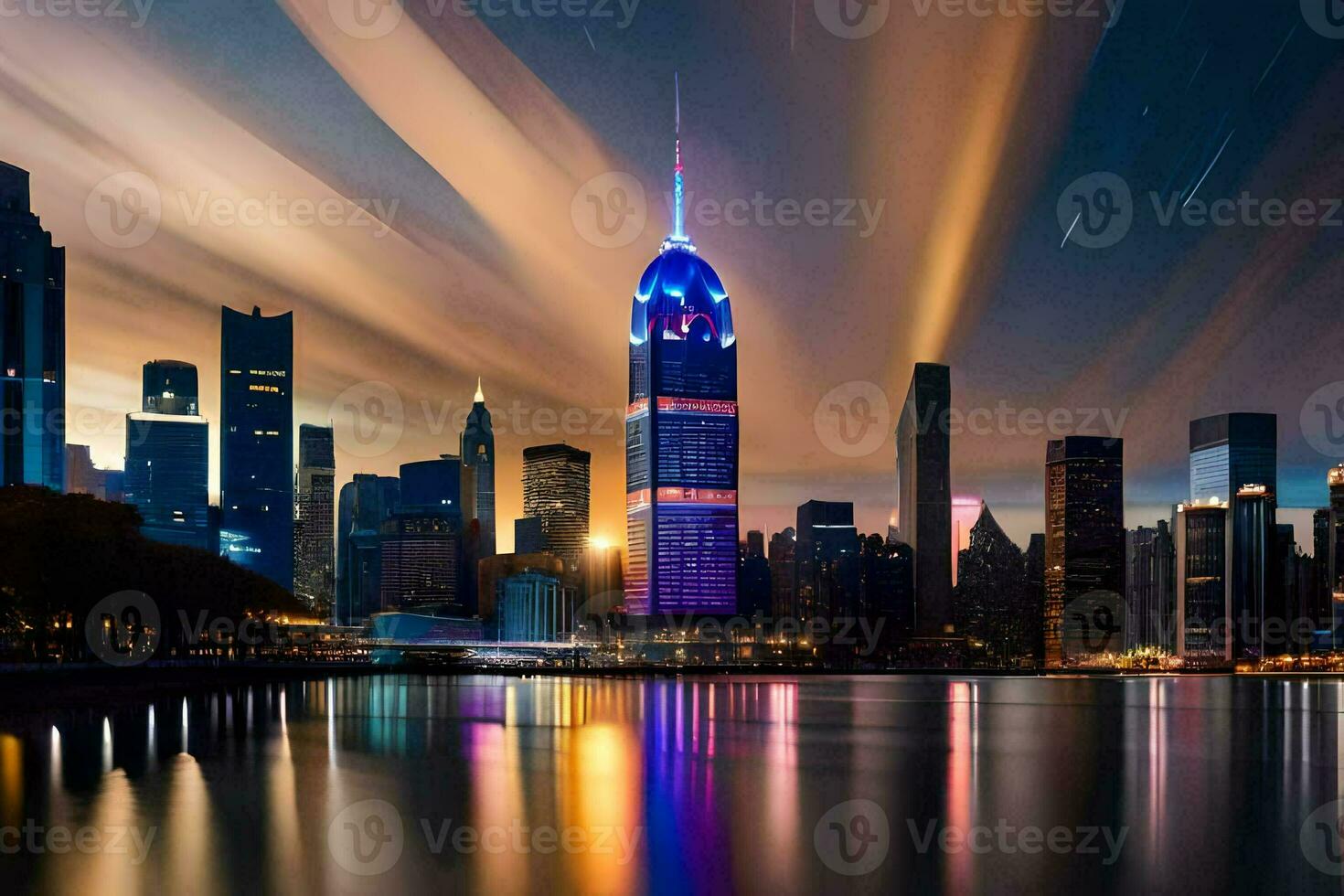 the chinese city skyline at night with a colorful light trail. AI-Generated photo