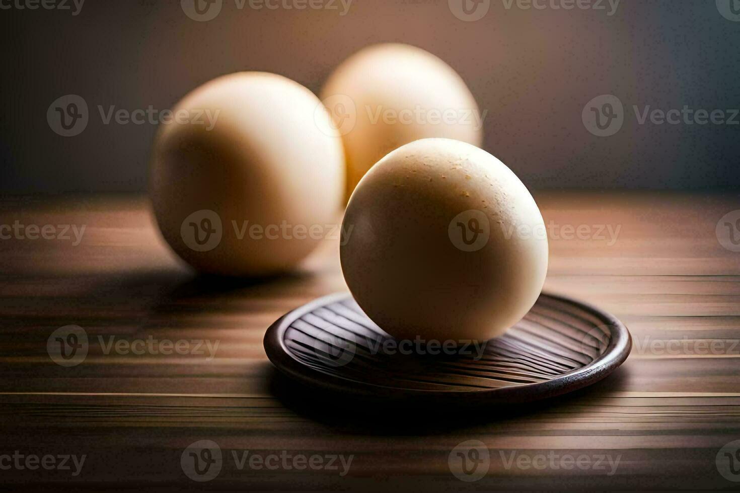 three eggs on a wooden tray. AI-Generated photo