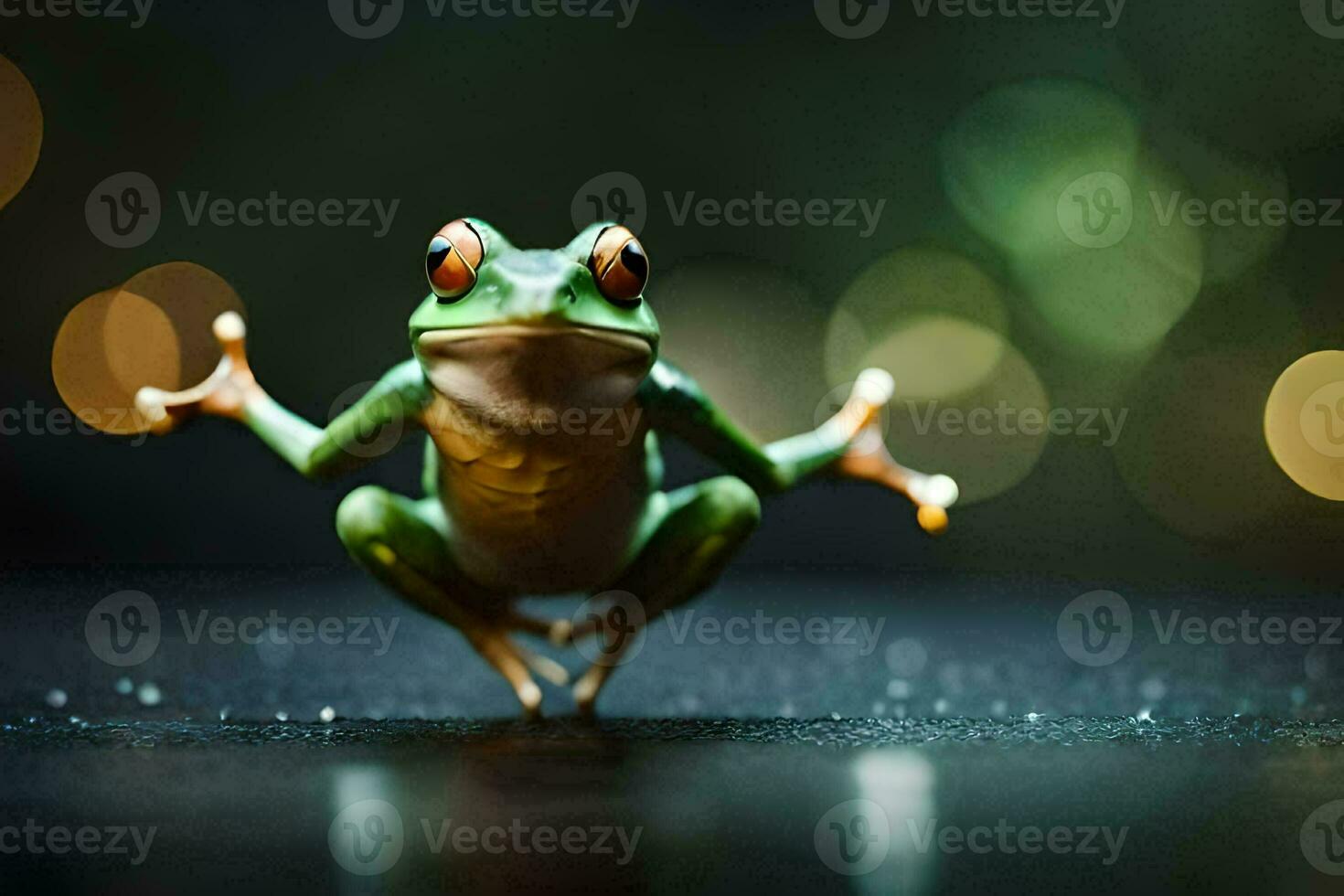a frog is standing on its hind legs with its arms outstretched. AI-Generated photo