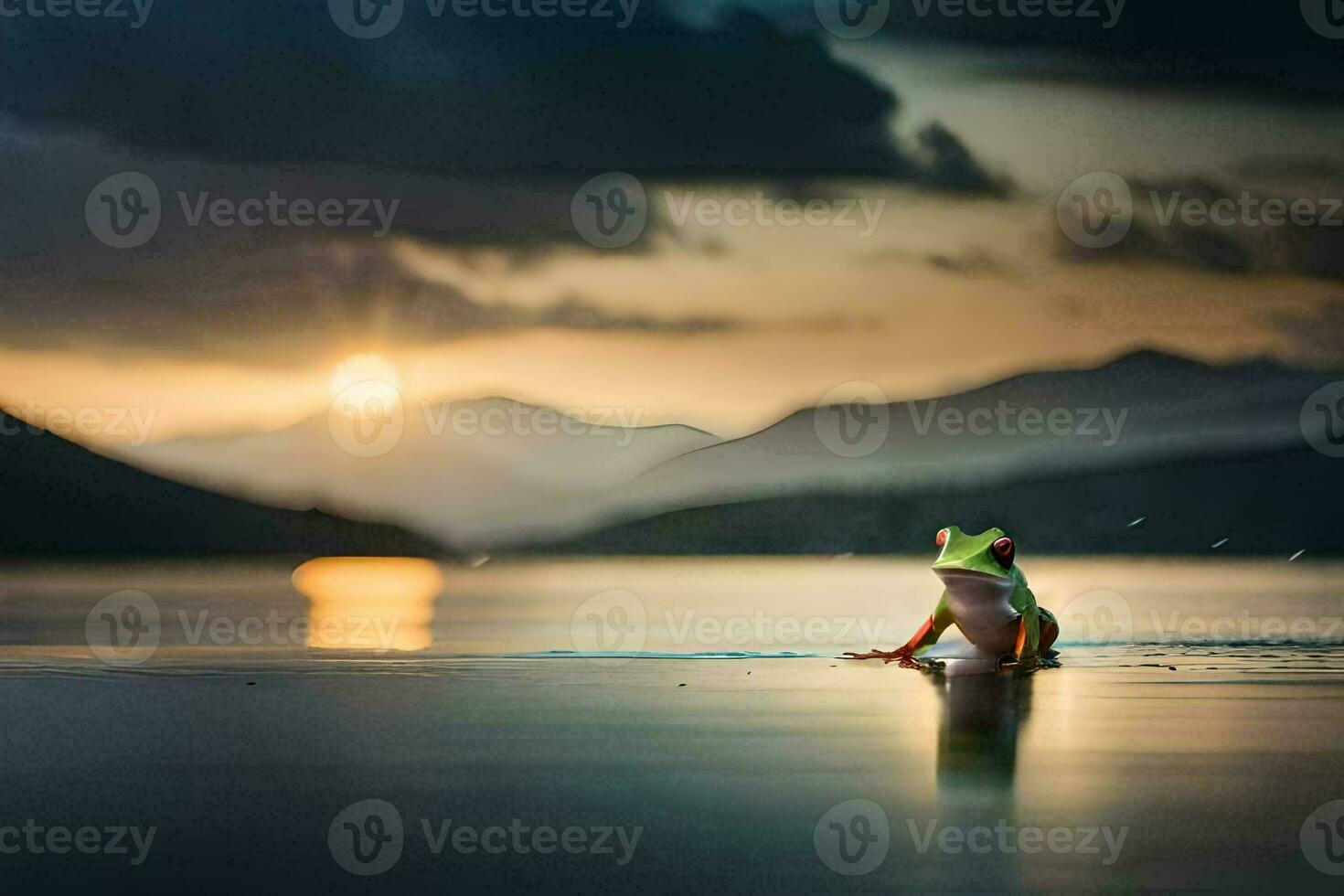 a frog sitting on the edge of a lake at sunset. AI-Generated photo