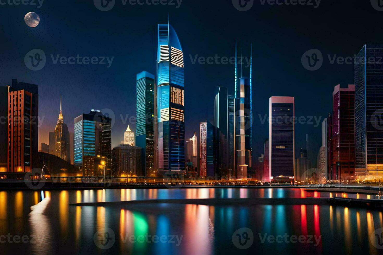 city lights reflected in the water at night. AI-Generated photo
