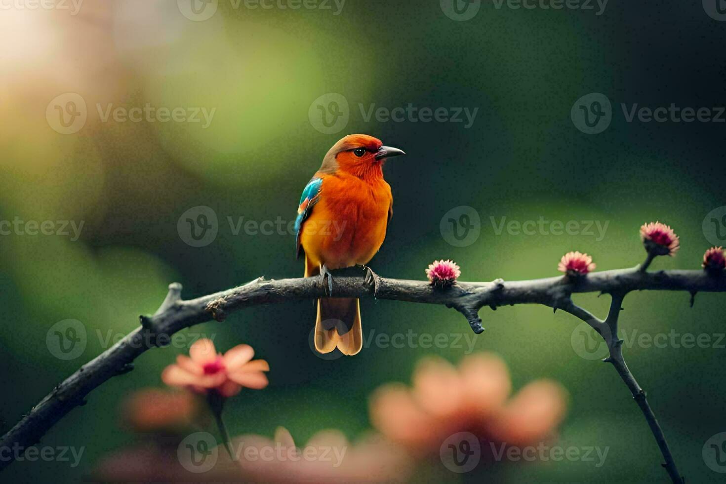 photo wallpaper the sun, bird, flowers, nature, spring, the sun, spring flowers,. AI-Generated