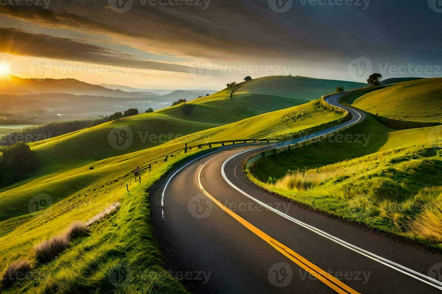 a winding road in the middle of a green valley. AI-Generated photo