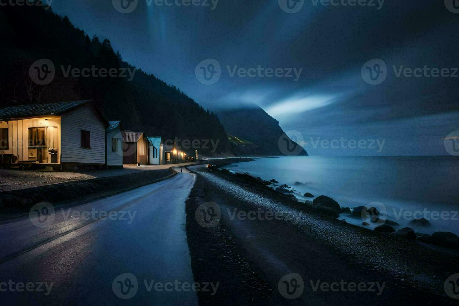 a long exposure photograph of a house on the shore of a lake. AI-Generated photo