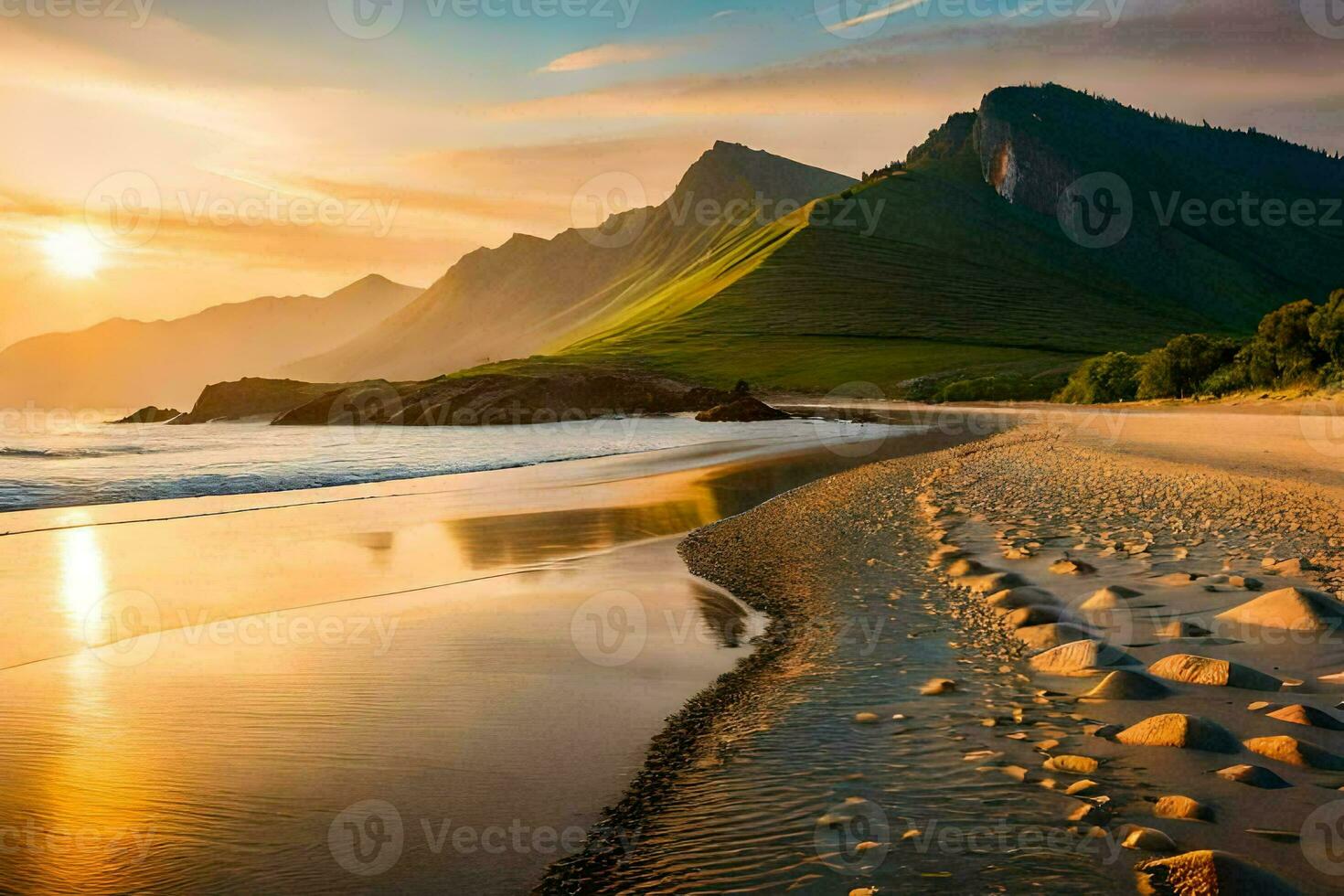 the sun rises over the mountains and the beach in this beautiful photo. AI-Generated photo