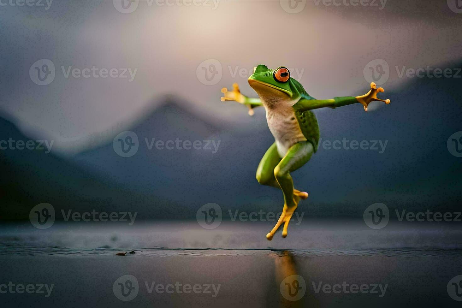 a frog jumping in the air with its legs spread. AI-Generated photo
