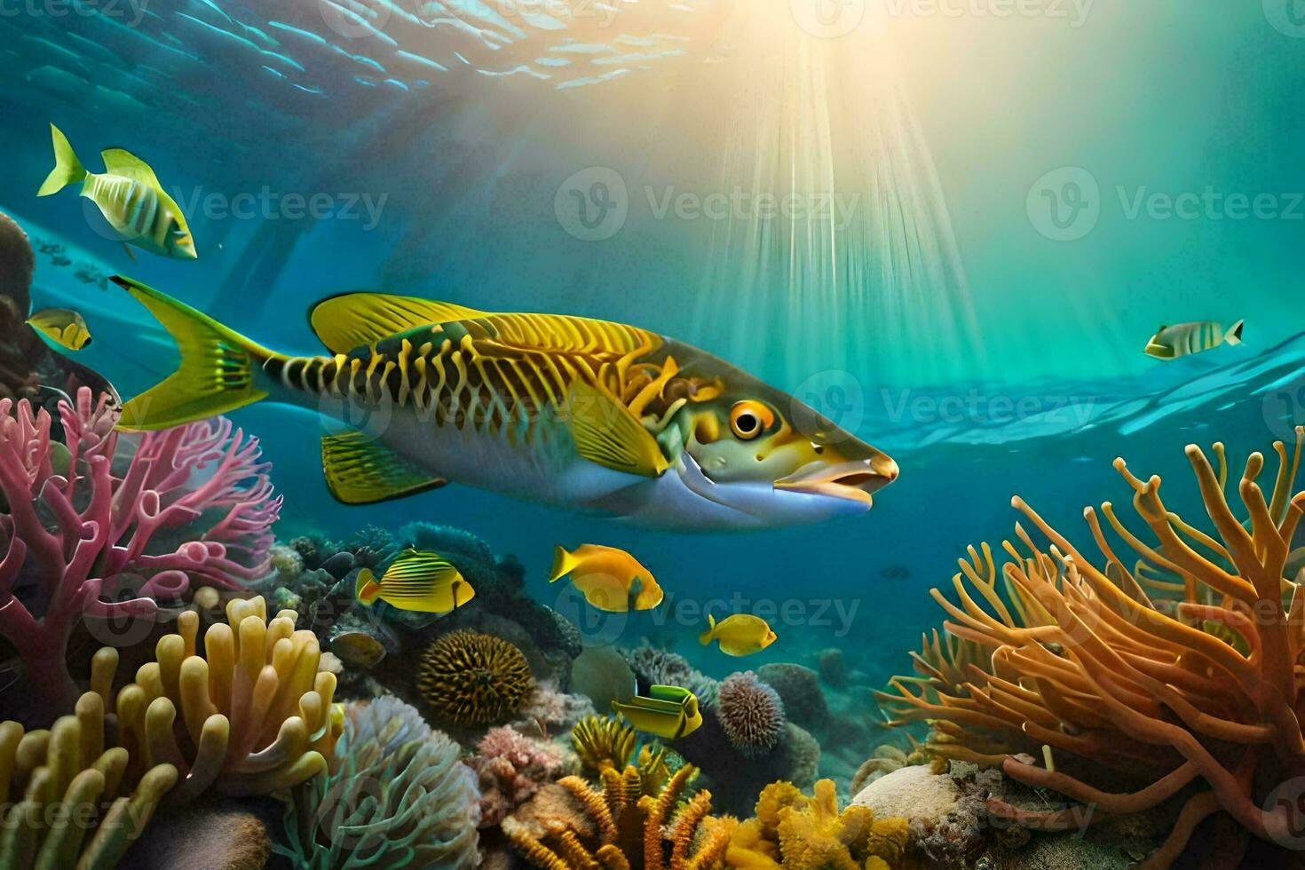 fish swimming in the ocean with coral reefs. AI-Generated photo