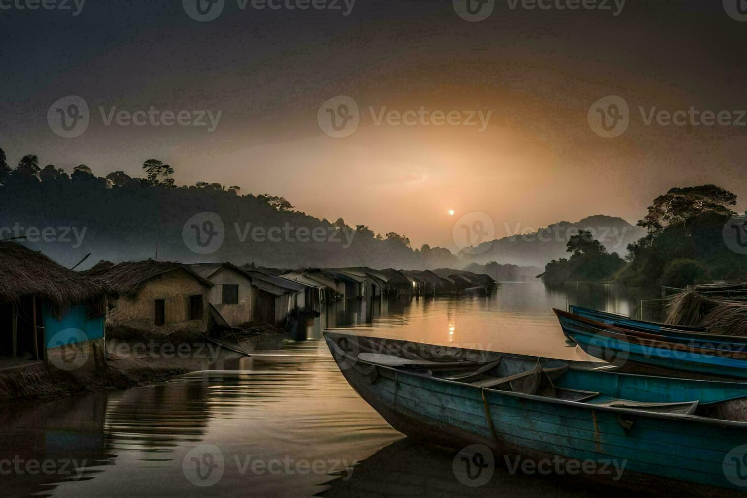 boats docked in the water near houses. AI-Generated photo