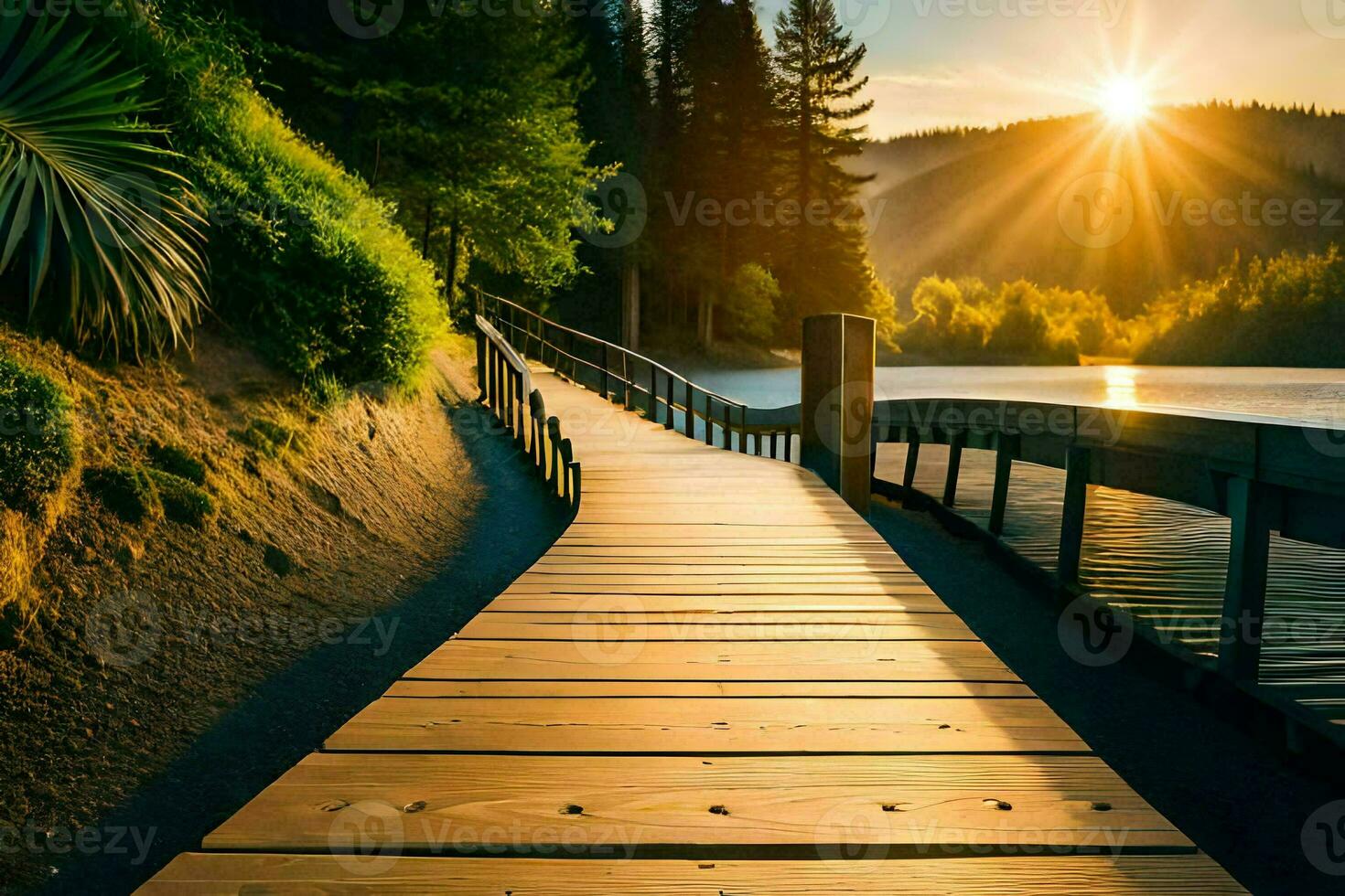 a wooden walkway leads to the sun. AI-Generated photo