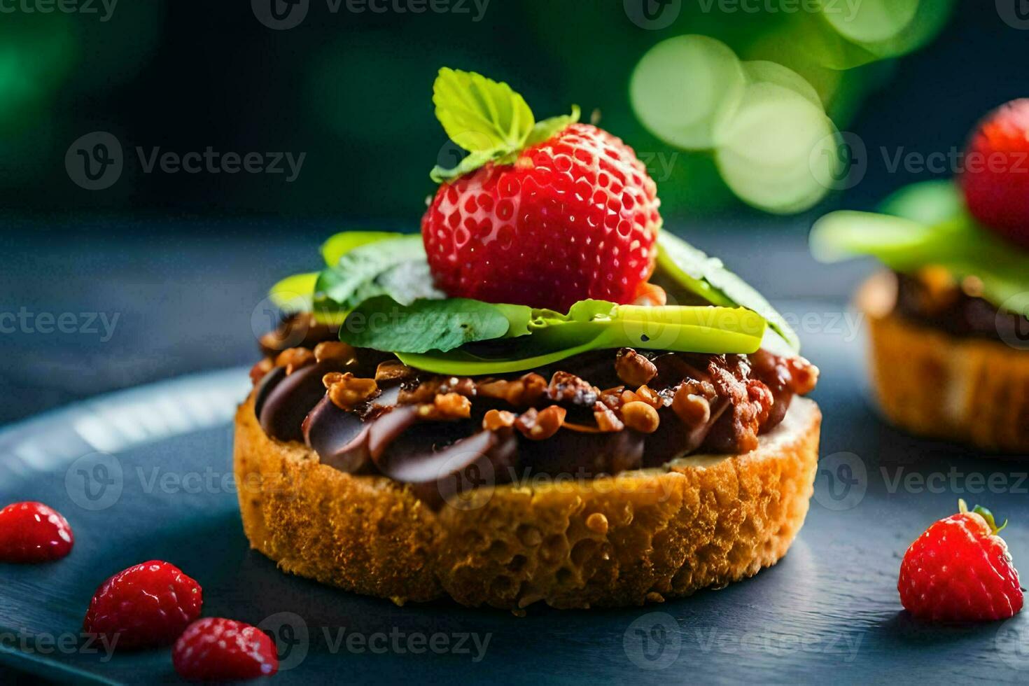 two small cakes topped with strawberries and chocolate. AI-Generated photo