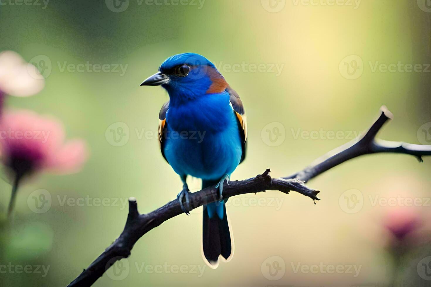 a blue bird sitting on a branch with flowers in the background. AI-Generated photo