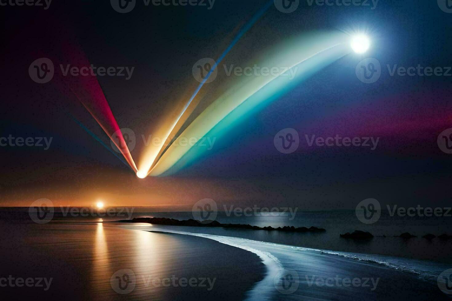 a rainbow colored light is shining over the ocean. AI-Generated photo