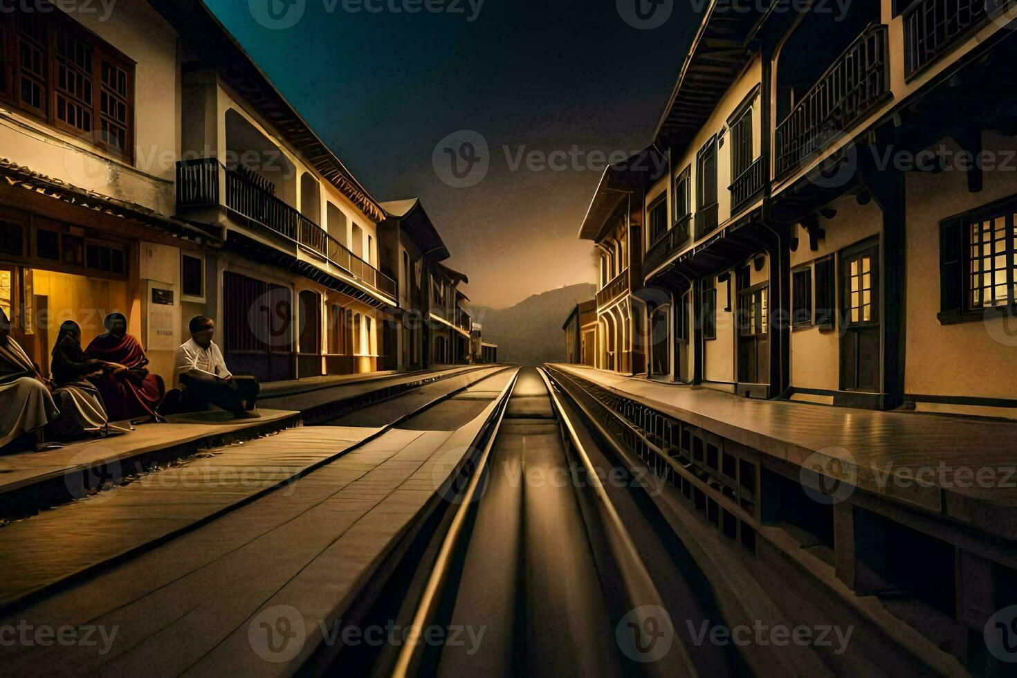 a long train track in the middle of a city. AI-Generated photo