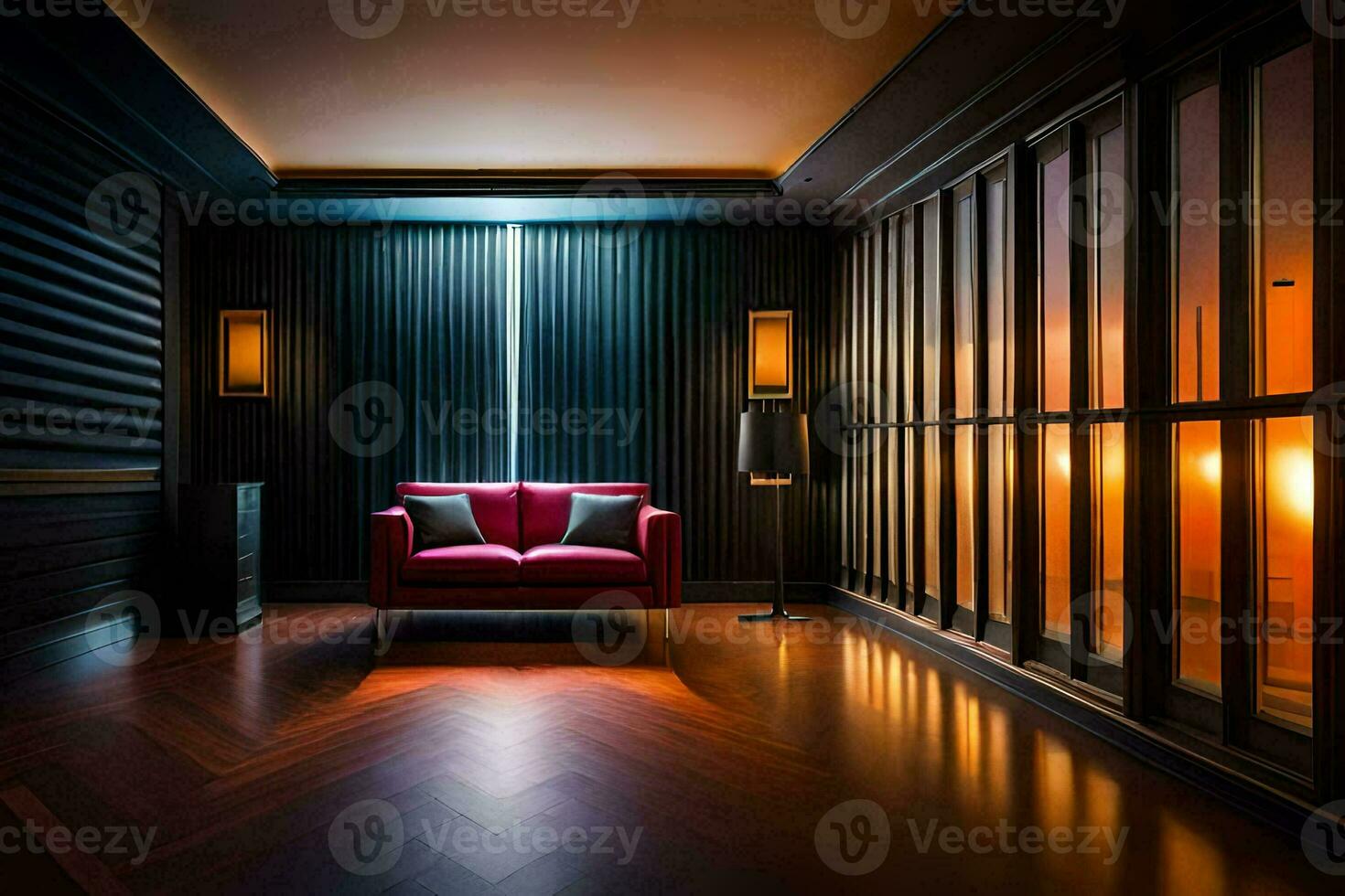 a red couch sits in a room with dark wood floors. AI-Generated photo