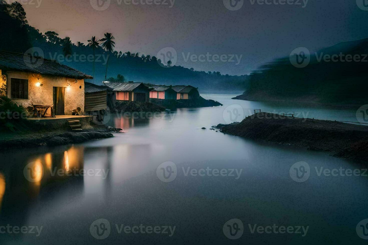 un pequeño pueblo en el río a noche. generado por ai foto