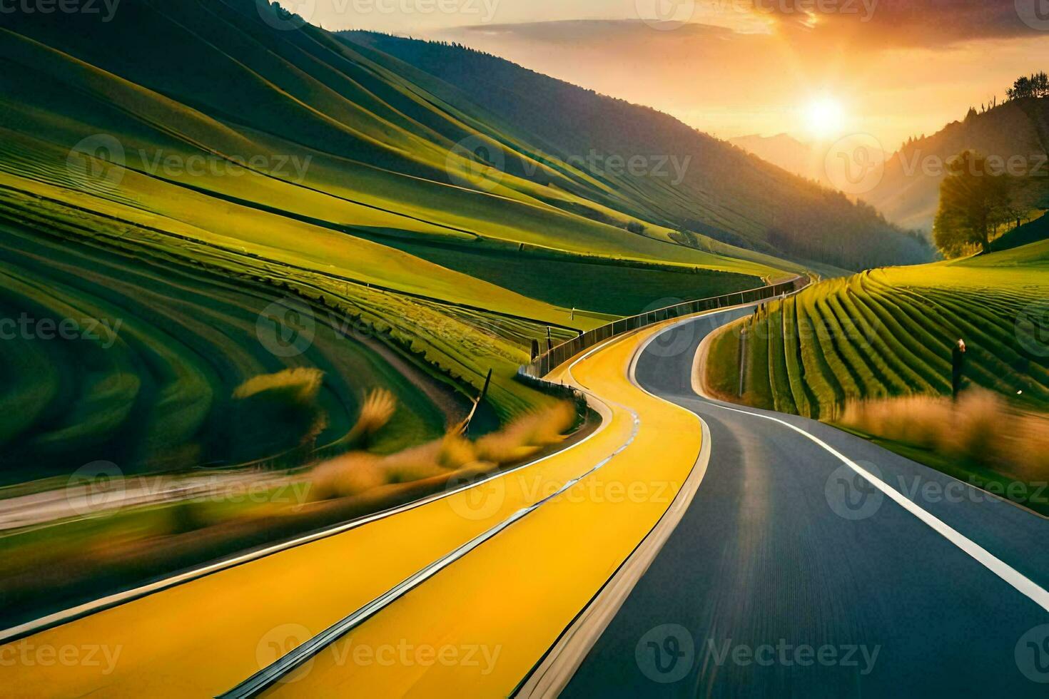 a road in the mountains with the sun setting. AI-Generated photo