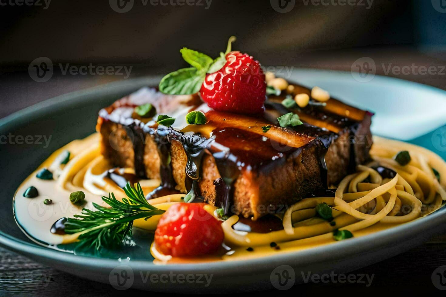 a plate of spaghetti with meat and berries. AI-Generated photo