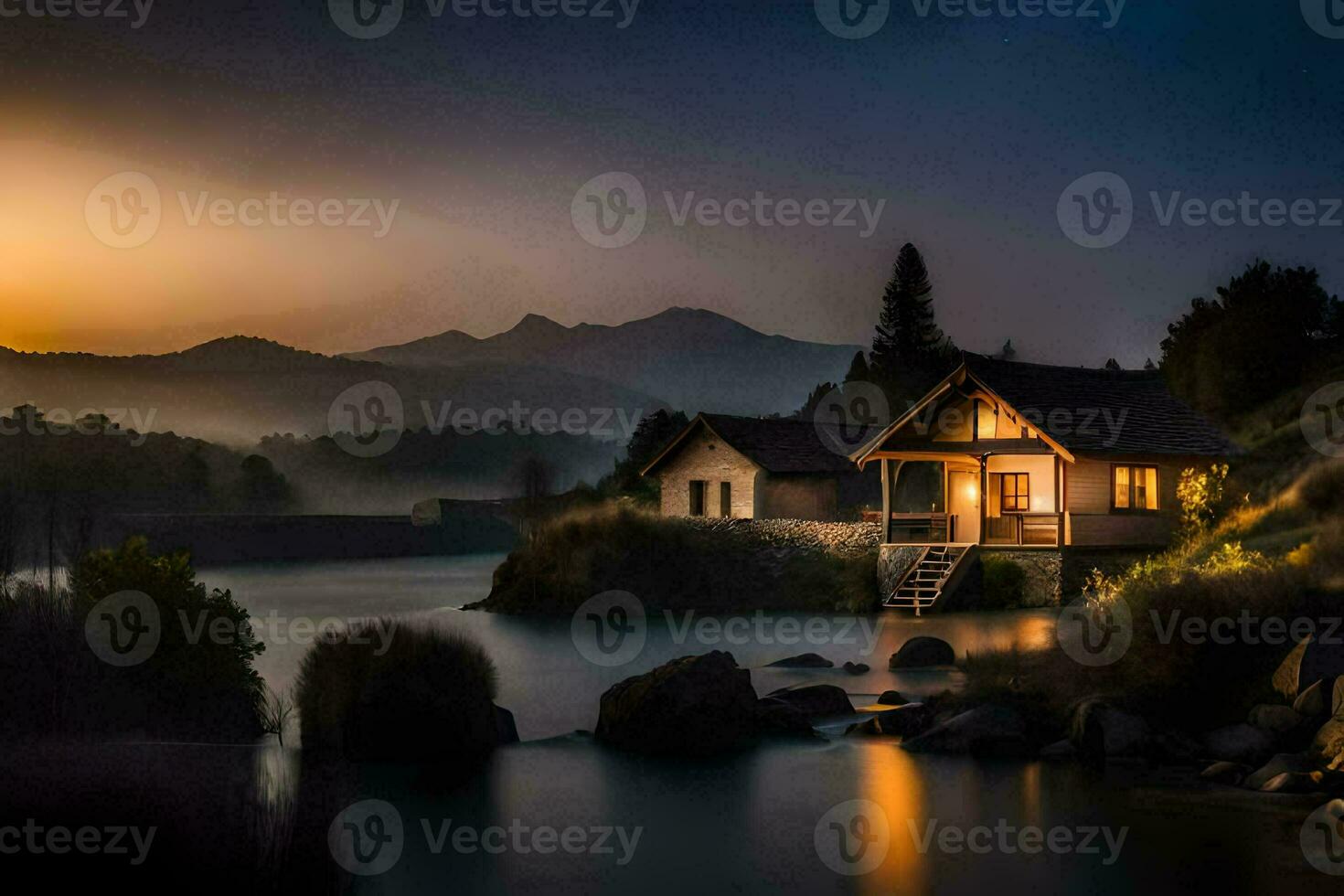 a small cabin sits on the shore of a lake at dusk. AI-Generated photo