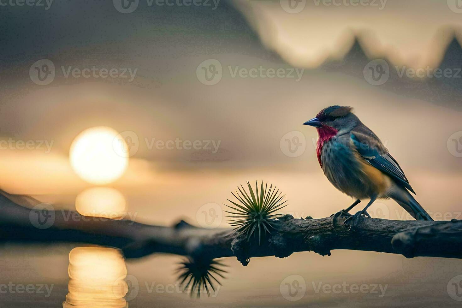 a bird sits on a branch in front of the sun. AI-Generated photo