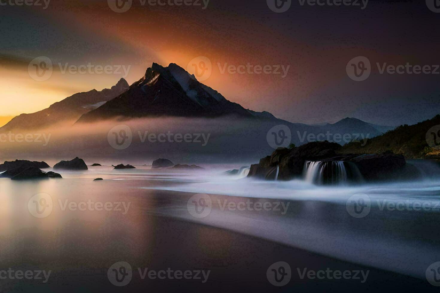 a mountain range is seen in the distance at sunset. AI-Generated photo